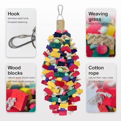 Bird Toys for Large Parrots Colorful Natural Wood Block Parrots Chew Foraging Toys for Bird Cages Cockatoos, Macaws, African Greys, and Amazons