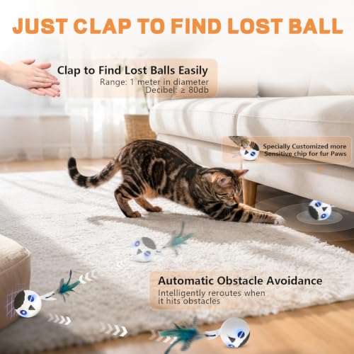 Cat Ball Toy, Upgraded Smart Motion Sensor Moving Ball with 3 Speed Modes & 4 Sounds, Interactive Toy for Indoor Cats, Motion Activated, Chirping Light, 2 Feather Tails(White) - color: White