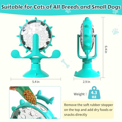 Cat Food Treat Dispenser Toy Interactive with 360°Rotating Windmill Suction Cup for Indoor Cats, Kittens & Small Dogs Slow Feeder Snack Exercise & Distribution Wheel Toy - color: Blue- Pinwheel, size: Pinwheel
