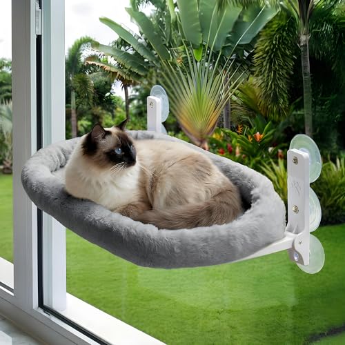 Cat Window Perch – Strong 6 Suction Cup Foldable Cat Hammock Bed for Large Cats and Kittens That Holds up to 50 lbs with Washable Reversible Cover, Sturdy Metal Frame for Window (Gray) - color: Gray