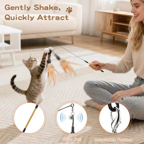 Pawaboo Cat Feather Wand Interactive Toy, 2 Feathers + 1 Wand with Bell - color: A-Brown