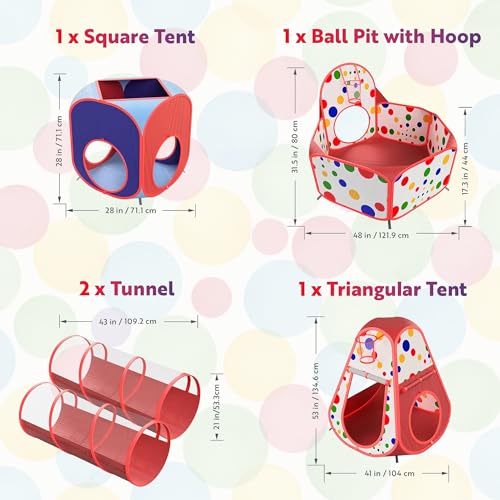Playz 5pc Pop Up Play Tent and Crawl Through Tunnels for Kids w/Carry Bag - color: Red