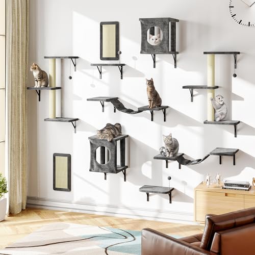 10 Pcs Cat Wall Shelves for Large Cats, Floating Climber with Scratcher - color: Grey, size: 10Pcs