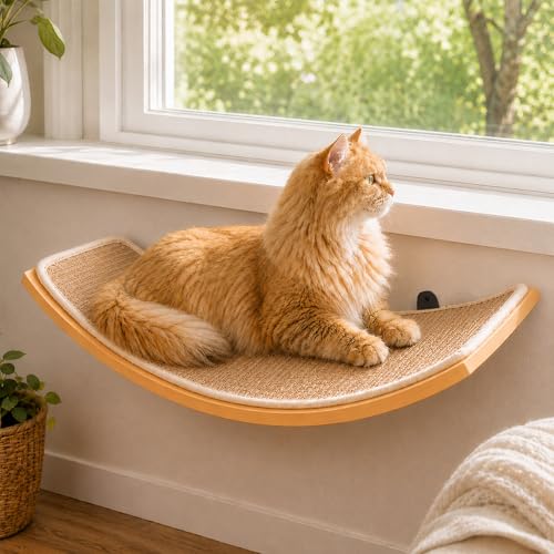 Curved Cat Wall Hammock with Scratchable Sisal Pad, Large Floating Cat Shelf for Wall, Wall Mounted Beige Bed for Playing, Climbing, and Sleeping - color: 1 Curved Bed (Sisal Mat)