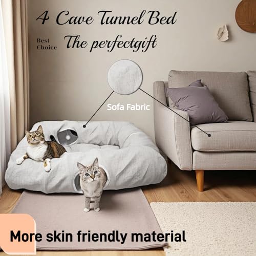 XxingSheep 4 Cave Premium Hemp Fabric XL Cat Tunnel Bed for Indoor Cats Cat Toys Cave Donut with Soft Mat - size: XL