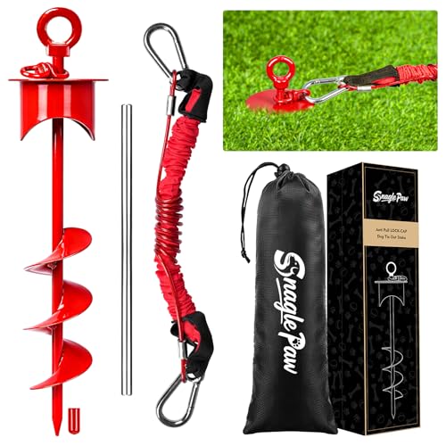 Snagle Paw Dog Tie Out Stake with Lock-Cap up to 360 Lbs,Heavy Duty Dog Stakes for Outside/Yard/Camping with Buffer Spring,360°Swivel Rust Proof Ground Anchor for Dog Cable,Leash,Chain - color: Red, 17in Stake (No Cable)