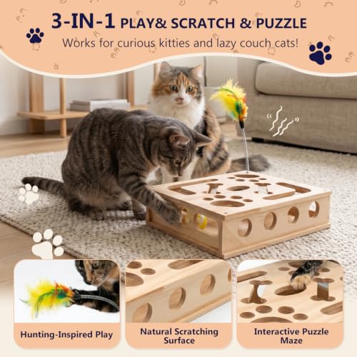 Wooden Cat Scratch Puzzle Enrichment Box,Interactive Cat Slow Feeder Maze Puzzle Toy,Durable Mental Stimulation Enrichment Toy.Relieve Boredom & Reduce Destructive Behaviors - style: Regular 9.8×11.8 IN