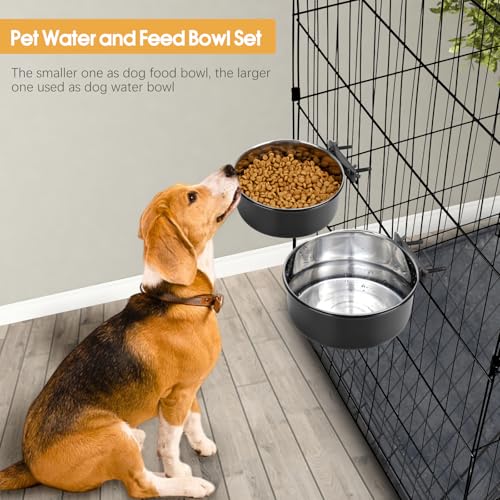 2 Pcs Stainless Steel Large Dog Crate Food Water Bowl, 56 & 41 OZ - color: Black, size: L (56 & 41 OZ)