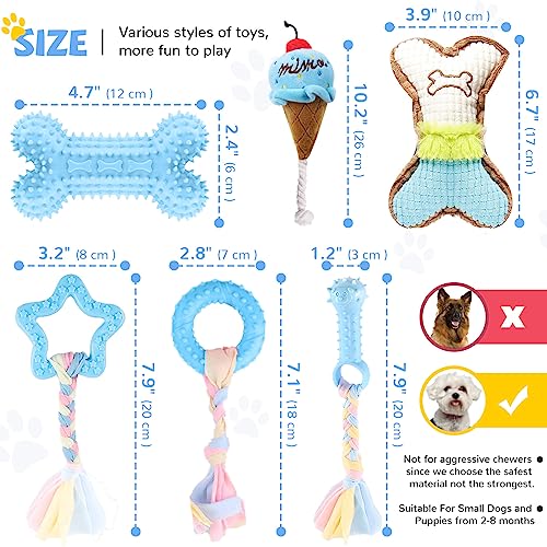 BAEJMJK 6 Pack Puppy Teething Toys Blue Small Breed Dog Chew Toys with Rope Cute Plush Squeaky Dog Toys Soft Rubber Puppy Toys Set for Cleaning Teeth Interactive Pet Doggy Bone Toys - color: Blue