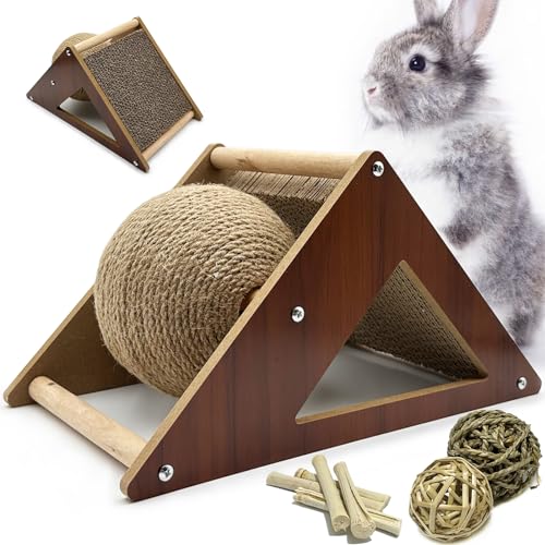 Rabbit Scratching Pad Cardboard, Natural Sisal Bunny Scratch Ball 2-in-1 Rabbits Enrichment Toys Pet Scratcher Interactive Toy for Indoor Bunnies Ferrets Chinchillas Small Animals
