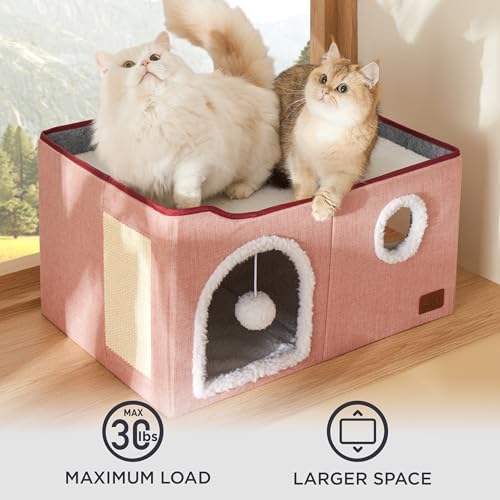 Bedsure Extra Wide Cat House Bed with Fluffy Ball and Scratch Pad,Pink - color: Pink, size: Widen