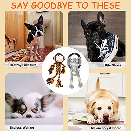 Monkey Rope Dog Toy, Plush Elephant Squeaky Dog Toy, 2 Pack - color: Brown & Grey