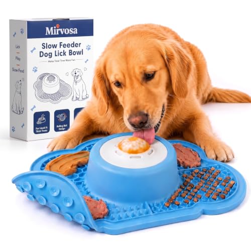 Anti-Slip Slow Feeder Dog Bowl and Lick Mat with Rolling Ball - color: Blue