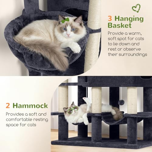 Globlazer 81in Multi-Level Larger Cat Tree Tower Condo Indoor Furniture Activity Center with Oversized Plush Cat Bed/Baskets/Full-Sisal Scratching Posts and Hammock/S81/Dark Gray - color: Dark Gray, size: 81 Inch