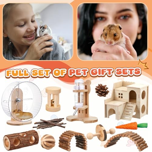 18 Pcs Hamster Cage Accessories, Silent Hamster Wheel 15 Toys Set - style: Natural Log Style