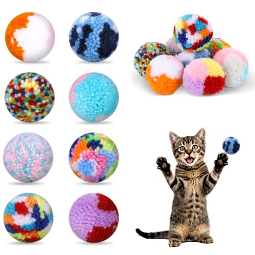 8 Pcs Woolen Yarn Cat Ball Toys Assorted Color Soft Fuzzy Pom Pom Balls Interactive Cat Chasing Toys for Indoor Cats Kittens