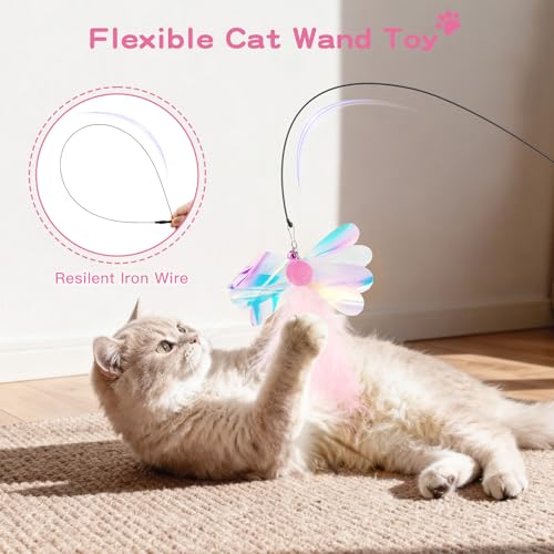 Pawaboo Cat Feather Wand Interactive Toy, 2 Feathers + 1 Wand with Bell - color: Pink Butterfly