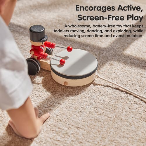 PlanToys® Wooden Pull Along Drummer Musical Toy for Kids Toddler Active Set - color: Pull Along Drummer