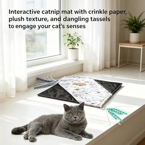 Cat Crinkle Mat with Mouse Toy,14x16" Interactive Cats Play Mat with Catnip - color: Grey