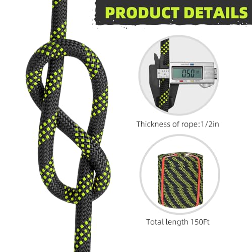 1/2 Inch Static Climbing Rope (150 Ft) - 9000lbs Heavy Duty Arborist Bull Rope for Tree Work, Tactical Rigging & Rappelling - 48 Strand Core, Black - size: 1/2in x 150ft, style: Black