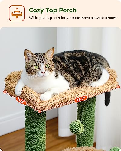 PEQULTI 4-in-1 Cactus Cat Tree for Kittens & Small Cats, 33in Green Tower - color: Green, size: L(15.8"L x 15.8"W x 33"H)