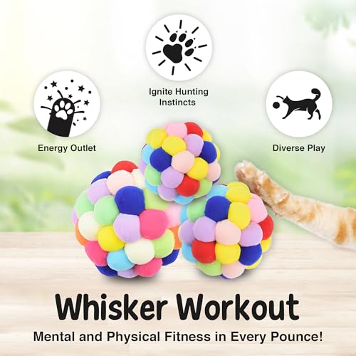 Vila 3 Soft Plush Fuzzy Balls with Bells Cat Toy, Enrichment, Multicolor