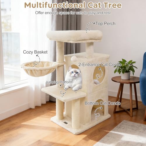 PETSITE Multi-Level Small Cat Tree, 33.5 Inches Tall with Sisal Scratching Posts, Double-Layer Condo, Side Basket, Dangling Ball and Upholstered Comfy Top Perch, Ideal for Indoor Cats (Beige) - color: Beige