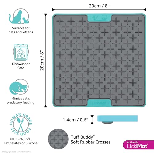 LickiMat Tuff Cat, Heavy-Duty Buddy, Cat Slow Feeder Lick Mat, Boredom Anxiety Reducer; for Food, Treats, Yogurt, or Peanut Butter. Fun Alternative to a Slow Feed Bowl or Dish, Turquoise