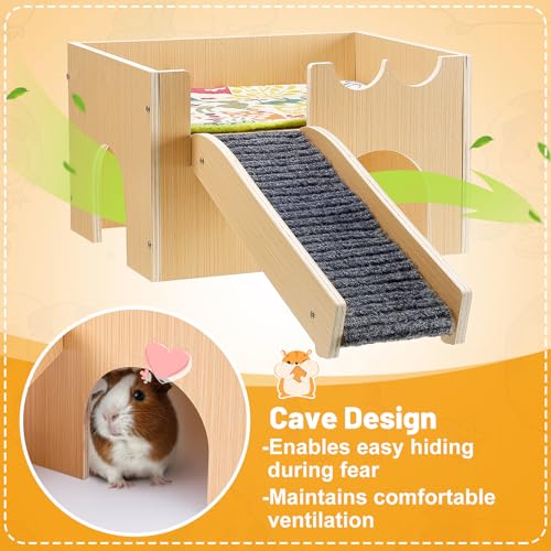 MEWTOGO Upgraded Sturdy Wooden Guinea Pig Castle with Stairs & Mat - size: Small