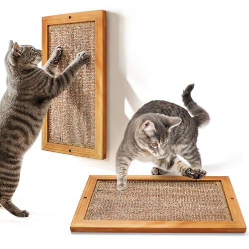 Cat Scratching Post - 2PCS Large, Wooden Sisal Cats Wall Scratcher, Floor or Wall Mounted Vertical Cat Scratch Pad for Indoor Cats Adults or Kittens, Cat Wall Furniture Protector - size: 2 PCS Large Brown