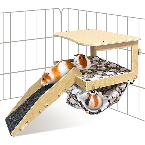 Guinea Pig Hideout，Natural Wood Removable Guinea Pig Bed, Small Animal Habitat with Hanging Hammock/Staircase/Cushion, Suitable for Small Animals to Hide, Rest, Play