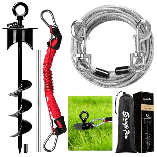 Snagle Paw Dog Tie Out Cable and Stake with Lock-Cap,Heavy Duty 20FT Dog Yard Leash & Stake with Shock Absorbing Bungee Tether,Rust Proof Ground Anchor for Yard, Beach, Camping & Outdoor,up to 360 Lbs - color: Black, 17in Stake (20ft Cable)