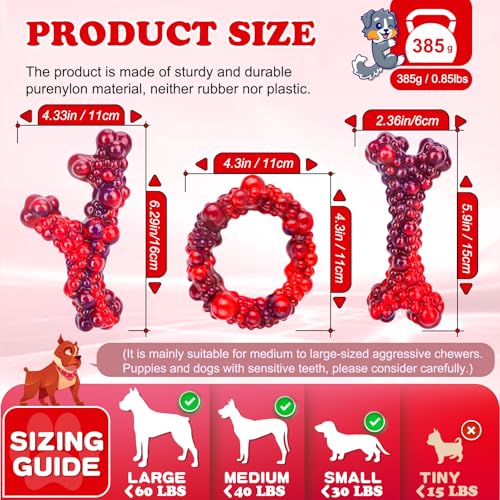 3Pack Bone Indestructible Dog Chew Nylon Toys for Aggressive Chewers - color: Red