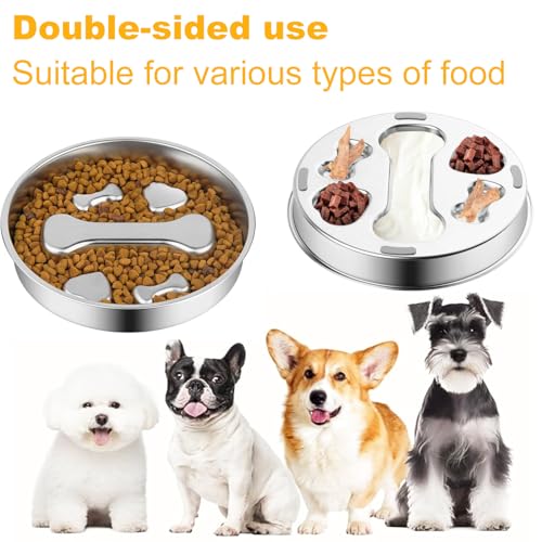 Stainless Steel Slow Feeder Dog Bowls,2 Pcs Slow Food Bowl for Dog & Cat - 2 Cups Capacity,Bone-Shaped Design Pet Food Holder,Metal Non-Slip Lick Plate,Puzzle Maze Dish for Small & Medium Sized Breeds