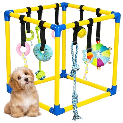 Puppy Play Gym with 9 Hanging Toys for Small Dogs, PVC Frame with Bungee Straps, Interactive Indoor Jungle Playground for Entertainment, Teething and Mental Stimulation（Yellow） - color: Yellow, size: 9 Toys