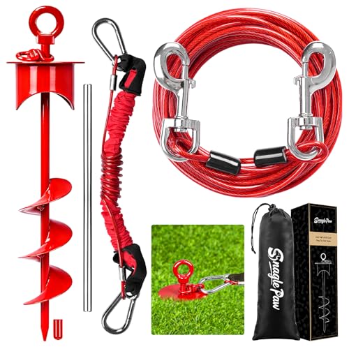 Snagle Paw Dog Tie Out Cable and Stake with Lock-Cap,Heavy Duty 20FT Dog Yard Leash & Stake with Shock Absorbing Bungee Tether,Rust Proof Ground Anchor for Yard, Beach, Camping & Outdoor,up to 360 Lbs - color: Red, 17in Stake (20ft Cable)