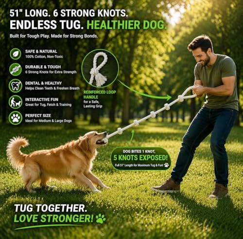 51" Extra Long Dog Rope Tug Toy with Loop Handle – 6-Knot Cotton Rope for Training, Tug-of-War & Interactive Play, Durable for Medium & Large Dogs, Indoor & Outdoor, Washable, White - size: XX-Large (51")