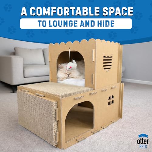 OtterPets Cardboard Cat House, 2-Level Cat Scratcher with 2 Scratch Pads
