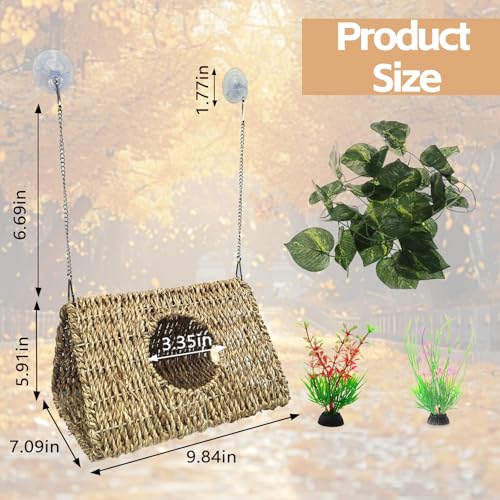 Hanging Reptile Hide Cave,Natural Seagrass Fiber Bearded Dragon Hammock Hideout,Reptile Shelter Sleeping Cave Swing Climbing Toys Terrarium Decor for Lizard Gecko Hermit Crabs(Triangle L) - size: Triangle L:9.84*7.09*5.91"