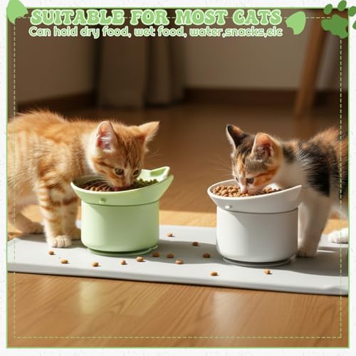 2Pack Slow Feeder Cat Bowls Silicone Tilted Raised Pet Bowl - color: Gray, Green