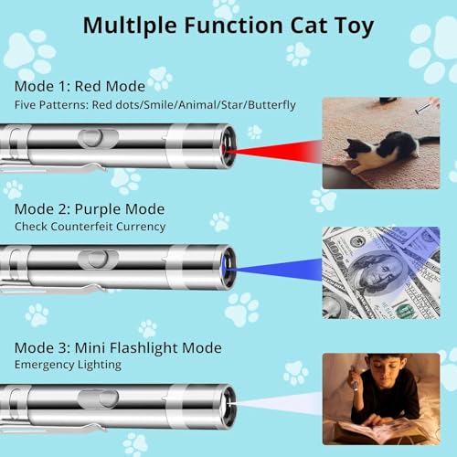 Waputne Cat Toy, USB Rechargeable, 3 Light Modes, 5 Fun Patterns, Indoor