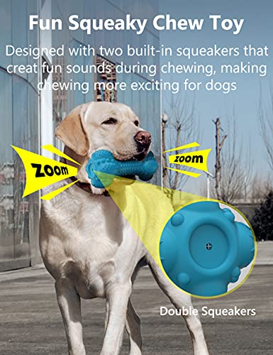 SCHITEC Squeaky Dog Chew Toy for Aggressive Chewers Large Breed, [2 Pack] Tough Interactive Teething Rubber Bone for Big Medium Dogs - color: Red & Blue