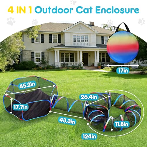 Outdoor Cat Enclosure 4-in-1 Portable Tunnels with Tent Cube Pop up Catio - size: Rainbow Black 4-in-1