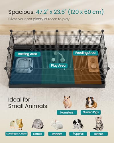 SONGMICS Guinea Pig Cage，Small Animal Playpen with Lid - color: Ink Black, style: 20 Panels - 48.4"L x 24.8"W x 16.3"H