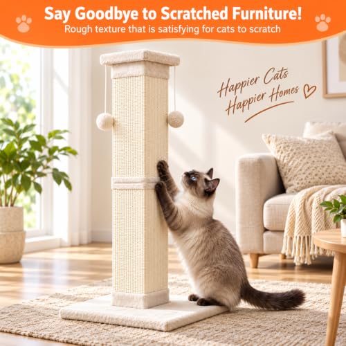 SOCATER Cat Scratching Post 33 Inch Nature Sisal Cat Scratch Post for Indoor Cats, Large Cat Scratcher Protect Your Furniture, for All Breeds - color: white