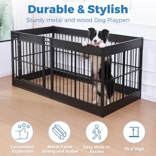 Furniture Style Dog Playpen, 35.4" Tall Indoor Dog Pen with Wood Panels - color: Black, style: 6 Panels (35.4" High)