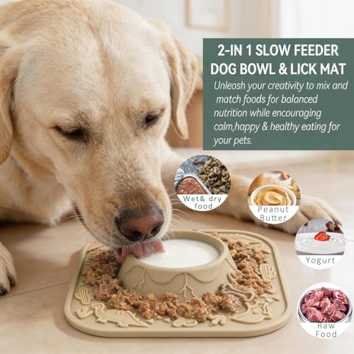 Lick Mat for Dog & Cat, Durable Silicone Licking Mat with Suction Cups, Easy-to-Clean, Chew-Proof, 2-in-1 Slow Feeder Pad Bowl for Dry & Wet Food, Puppy Enrichment Toy for Anxiety Relief, Pet Grooming - color: Khaki