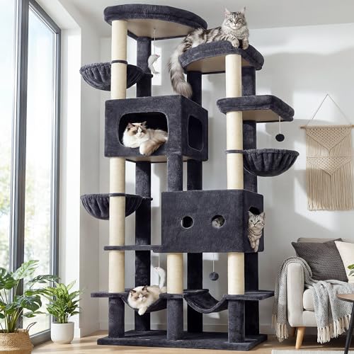 Globlazer 81in Multi-Level Larger Cat Tree Tower Condo Indoor Furniture Activity Center with Oversized Plush Cat Bed/Baskets/Full-Sisal Scratching Posts and Hammock/S81/Dark Gray - color: Dark Gray, size: 81 Inch