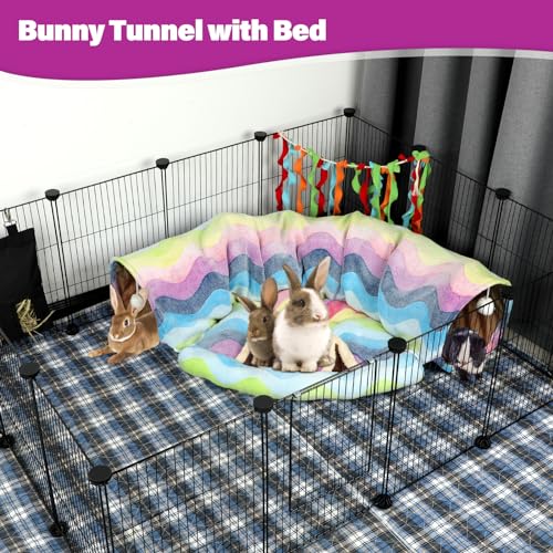 BWOGUE Bunny Tunnel Bed, 2-in-1 Collapsible Rabbit Tunnel Hideout with Mat - color: Rainbow