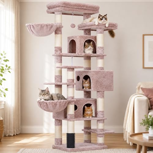 Hey-brother Cat Tree, Multi-Level Tower with 3 Condo, Hairbrush, MPJ035-MMU - color: Muchroom